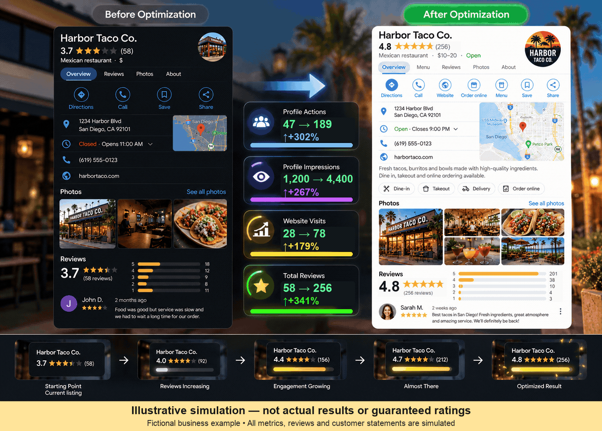 Animated fictional Harbor Taco profile comparison showing simulated changes in reviews and engagement