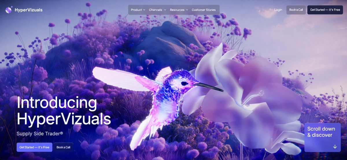 HyperVizuals website design with a luminous purple hummingbird and flower